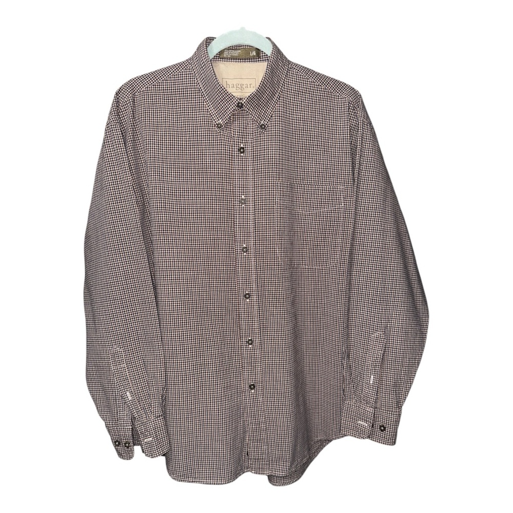 Haggar Men's Brown and White Plaid‎ Button Down Cotton Shirt Size Large